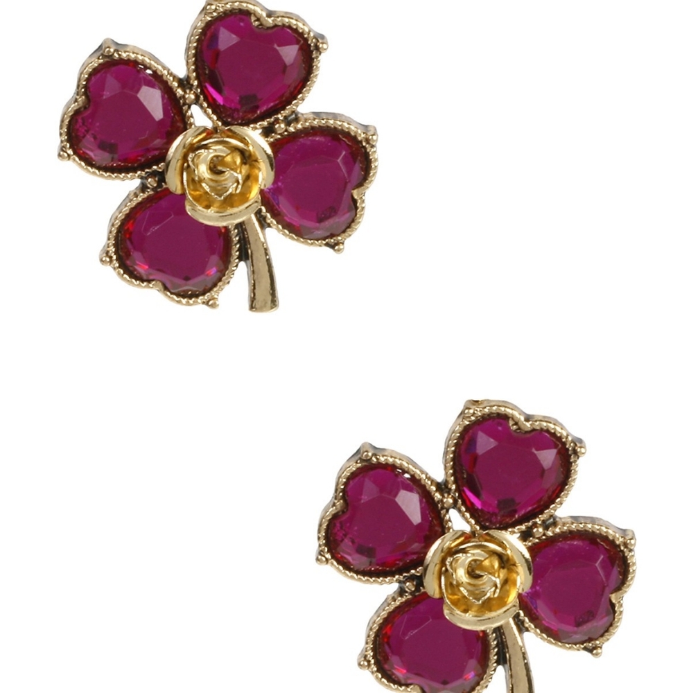 Betsey Johnson Rare Gold Tone Fuchsia Four Leaf Heart Clover Stud Earrings